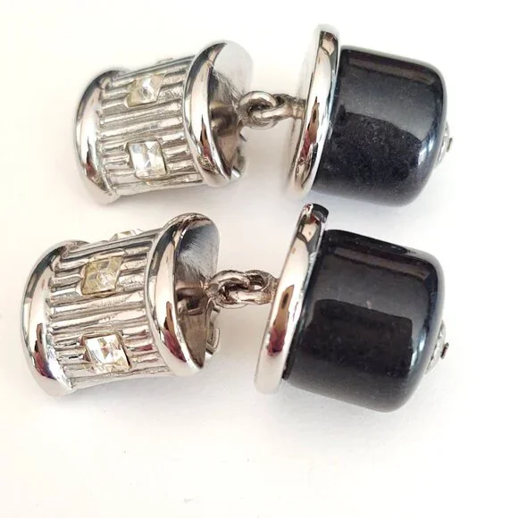 Vintage chunky silver and dark gray clip on earrings with cz accents - Picture 6 of 9